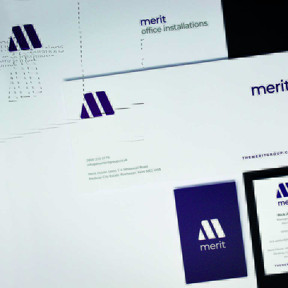 Business cards and branded letters designed by bison for the merit group